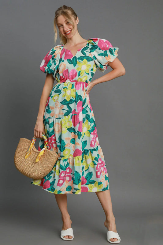 Umgee Full Size Tiered Floral Print Notched Puff Sleeve Midi Dress plus Size