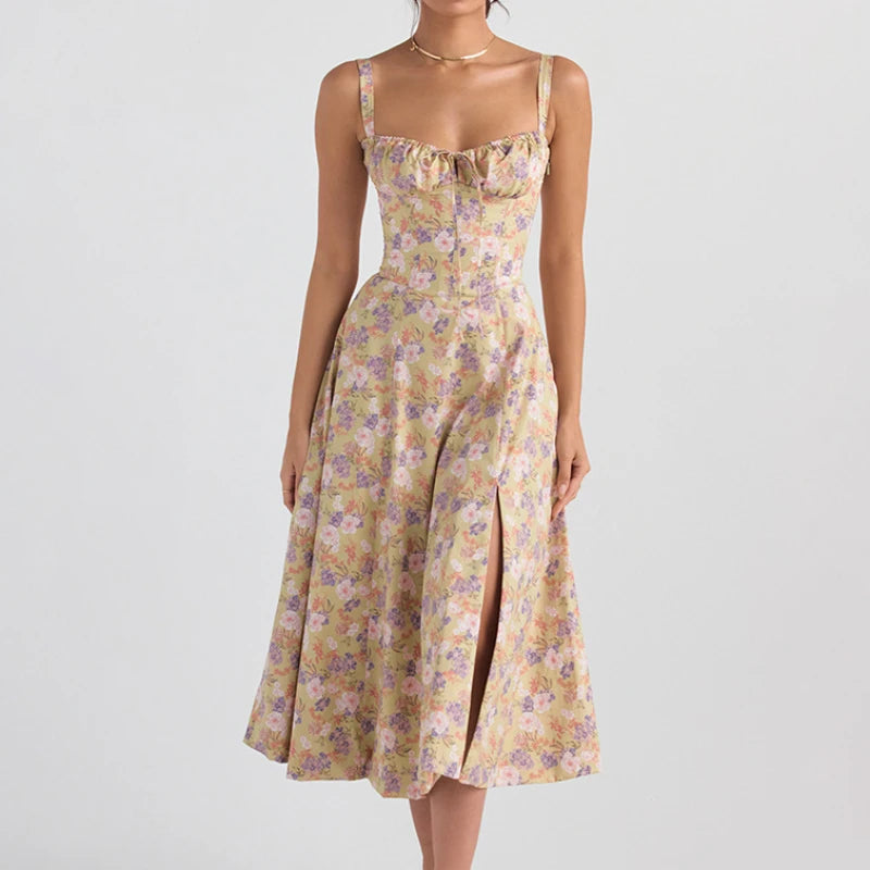 Women's Summer Bohemian Midi Dress with Spaghetti Straps and Tie Front, Floral Print, Sleeveless A-Line Beachwear