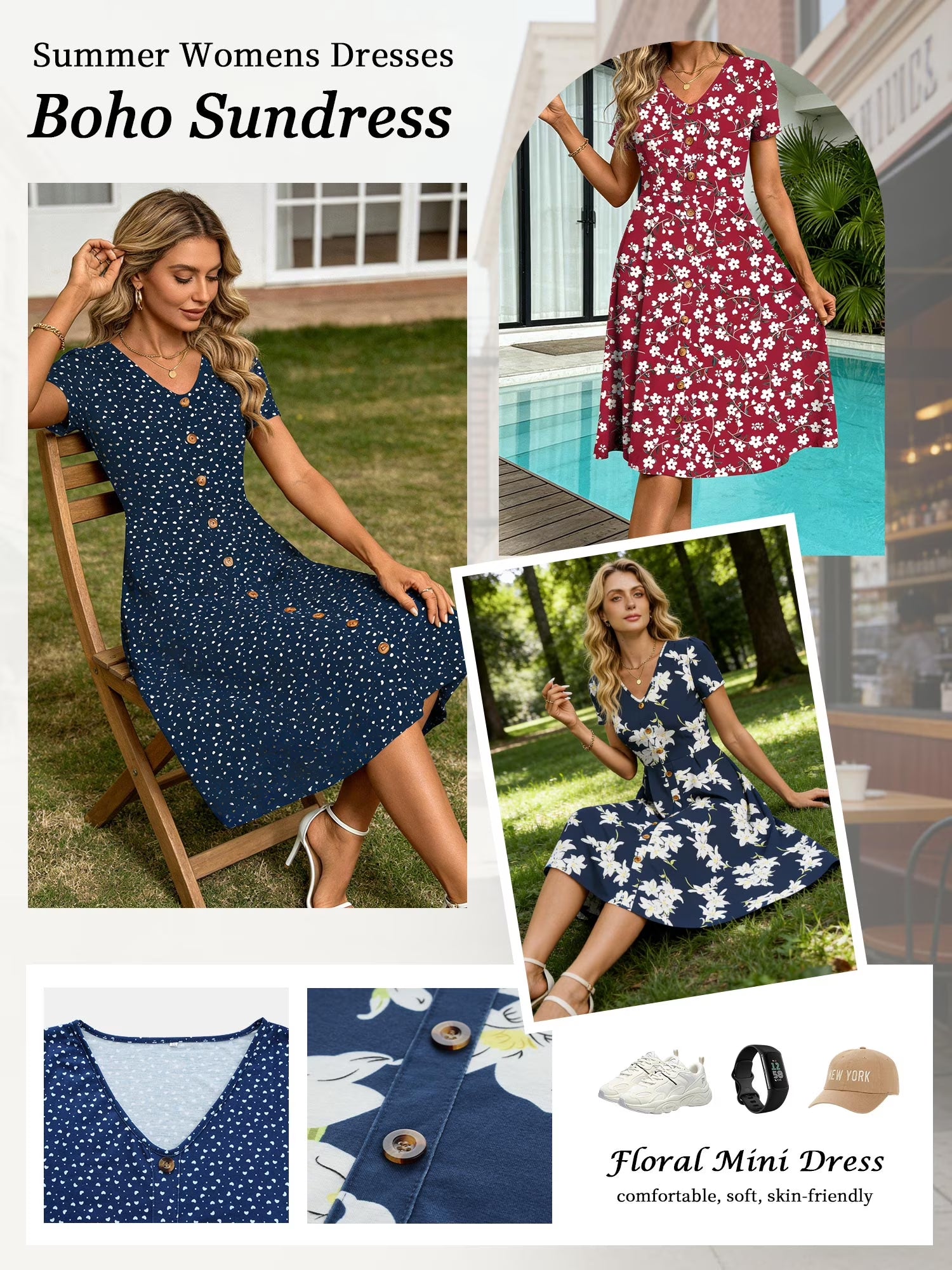 Summer Dresses for Women Button Floral Midi Sundress Short Sleeve V Neck Casual Polka Dot Dress L