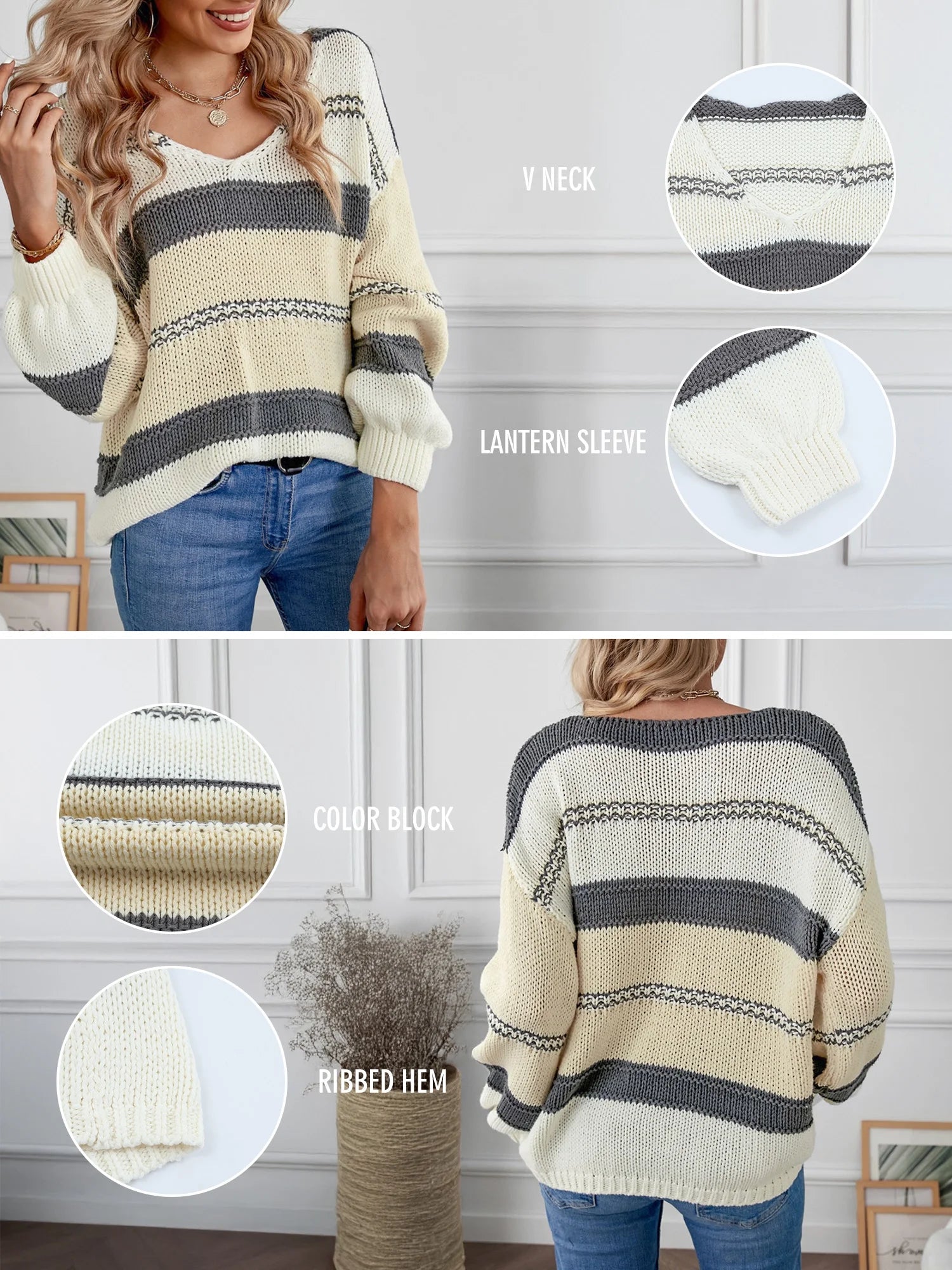 Women Sweater Tops Autumn Winter V-Neck Oversized Colorblock Knitted Pullover Blouses Jumper Tops XL 16-18