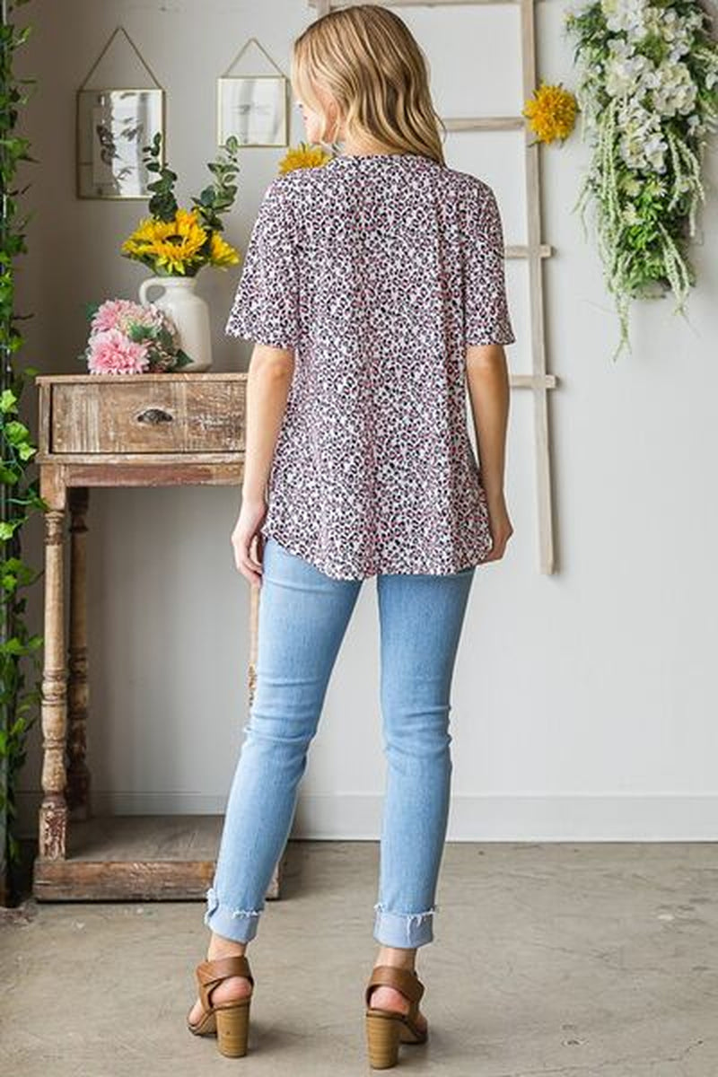 Heimish Full Size Short Sleeve Crisscross Animal Babydoll Top plus Size