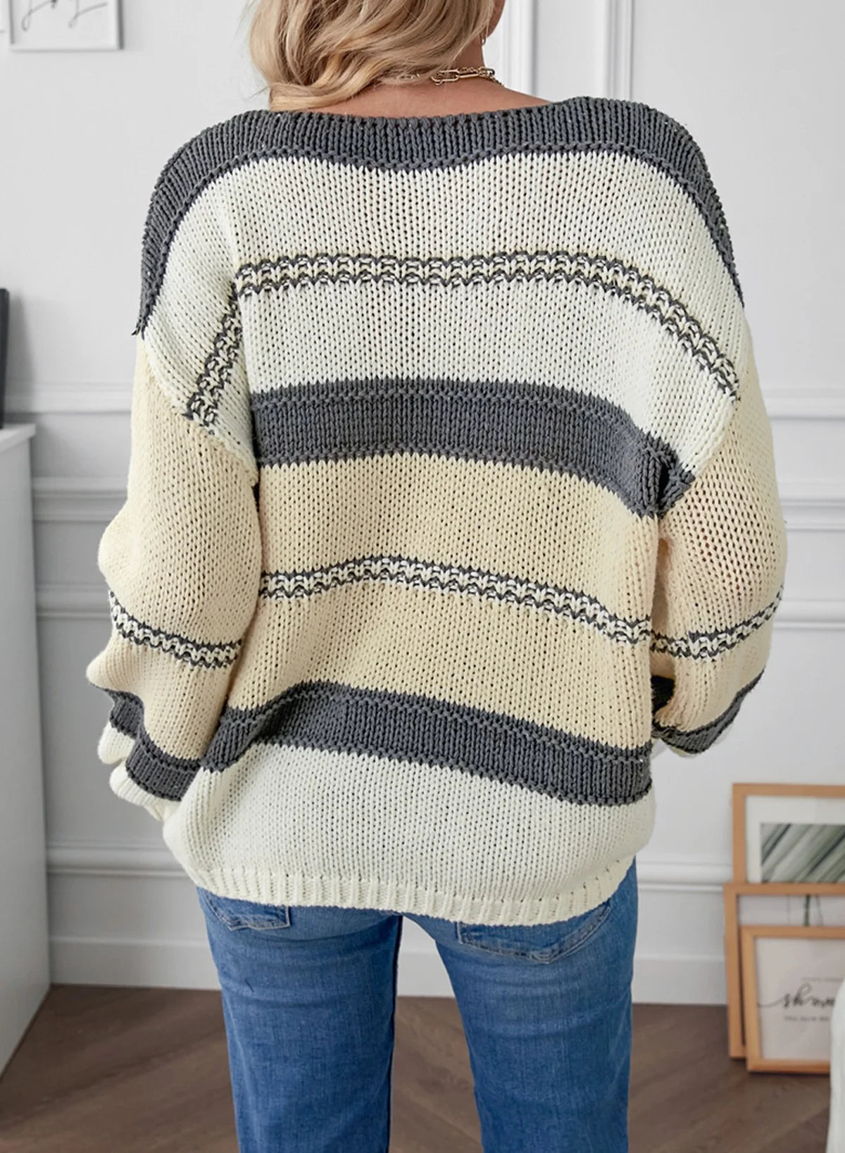 Women Sweater Tops Autumn Winter V-Neck Oversized Colorblock Knitted Pullover Blouses Jumper Tops XL 16-18