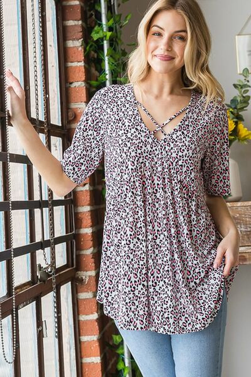 Heimish Full Size Short Sleeve Crisscross Animal Babydoll Top plus Size