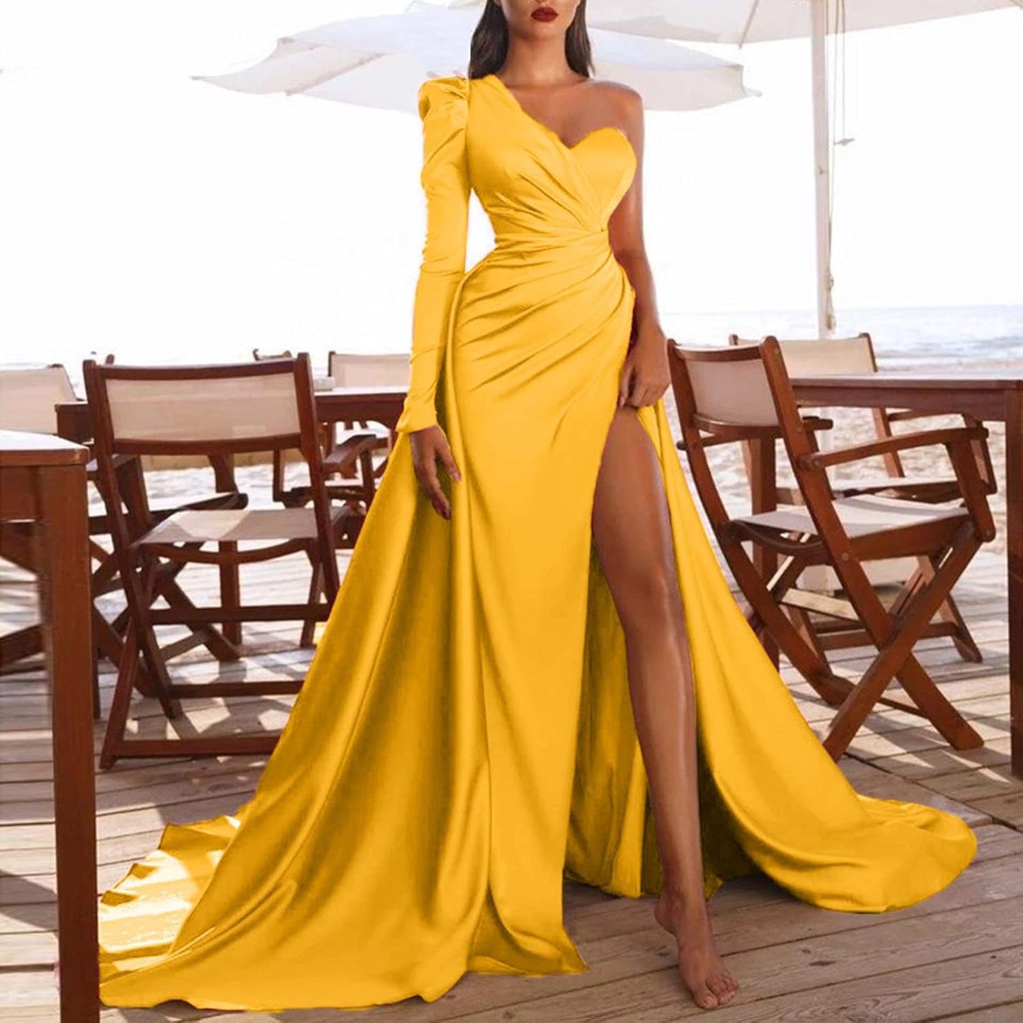 Women Split Evening Gowns One Shoulder Long Sleeve Dresses Solid Color Banquet Party Long Dress