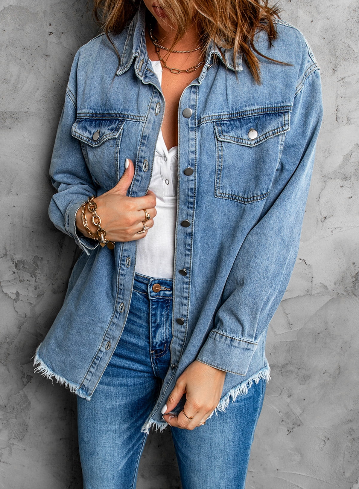 Denim Jacket for Women Long Sleeve Boyfriend Jean Jacket Loose Coat Sky Blue S Female