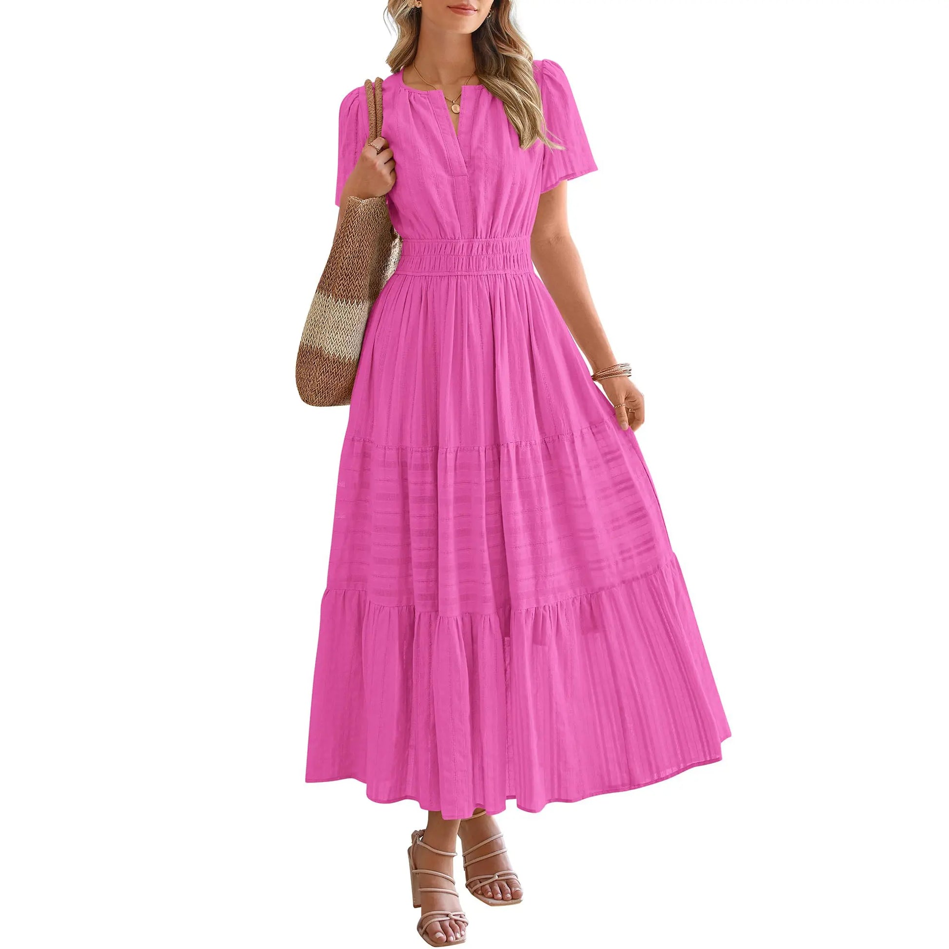 BTFBM Women's Summer 2026 Lightweight Casual Maxi Dress with Short Sleeves, V-Neck, Bohemian Style, and Pockets