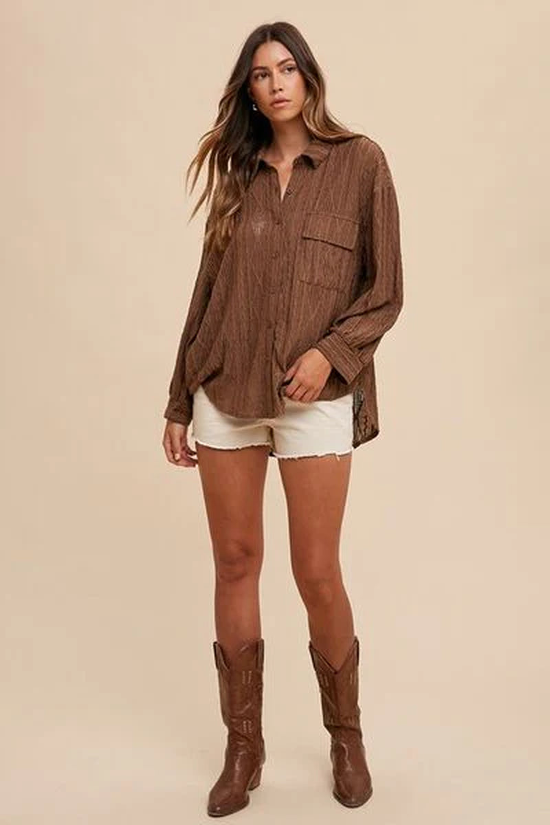 Annie Wear Openwork Button down Drop Shoulder Shirt