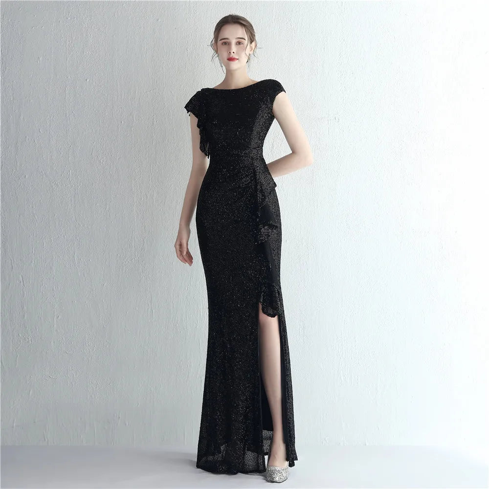 Elegant Gold Sequin Women's Evening Dress with Ruffles and Short Sleeves - Maxi Prom Dress 19228
