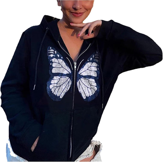 Women'S Gothic Hoodie Sweatshirt, Fashion Long Sleeve Loose Fit Comfy Pocket Butterfly Print Full Zip Hooded Coat Tops