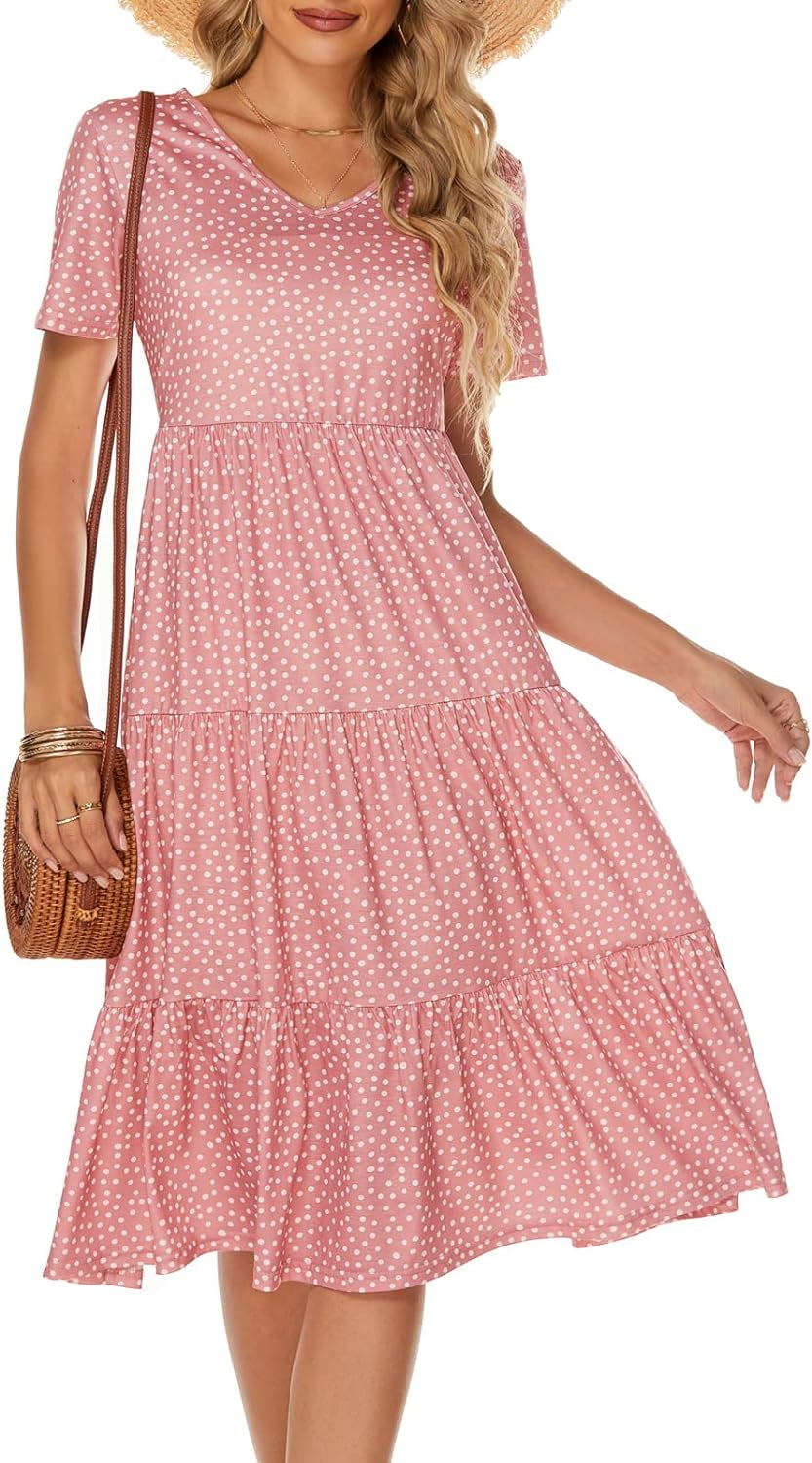 Women's Bohemian Tiered Midi Dress - Short Sleeve V-Neck Loose Cotton Ruffle Babydoll Sundress for Summer 2025