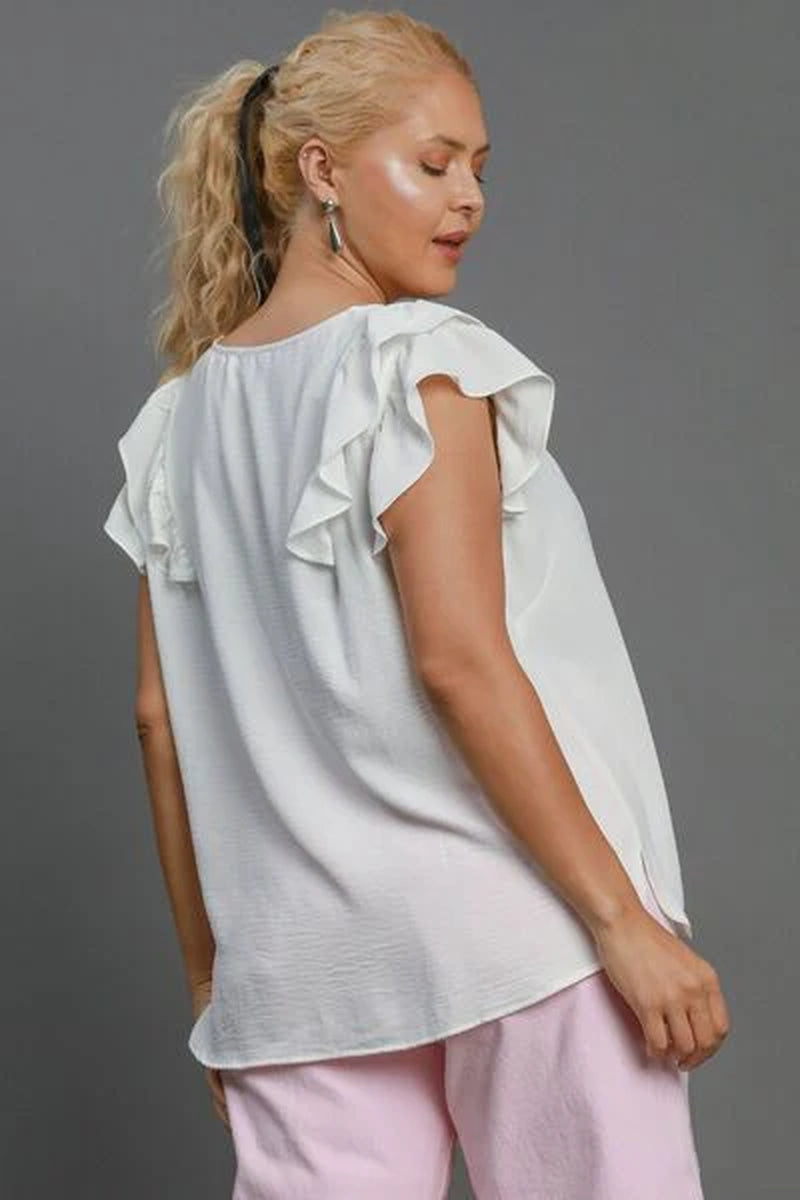 Umgee Full Size V-Neck Double Layered Ruffle Sleeve Blouse plus Size